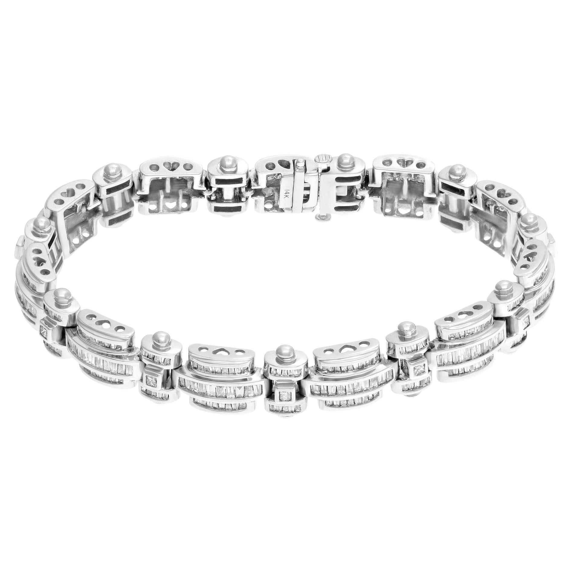Diamond Link Bracelet in 14k White Gold with Approximately 8.0 Carat in Baguette For Sale