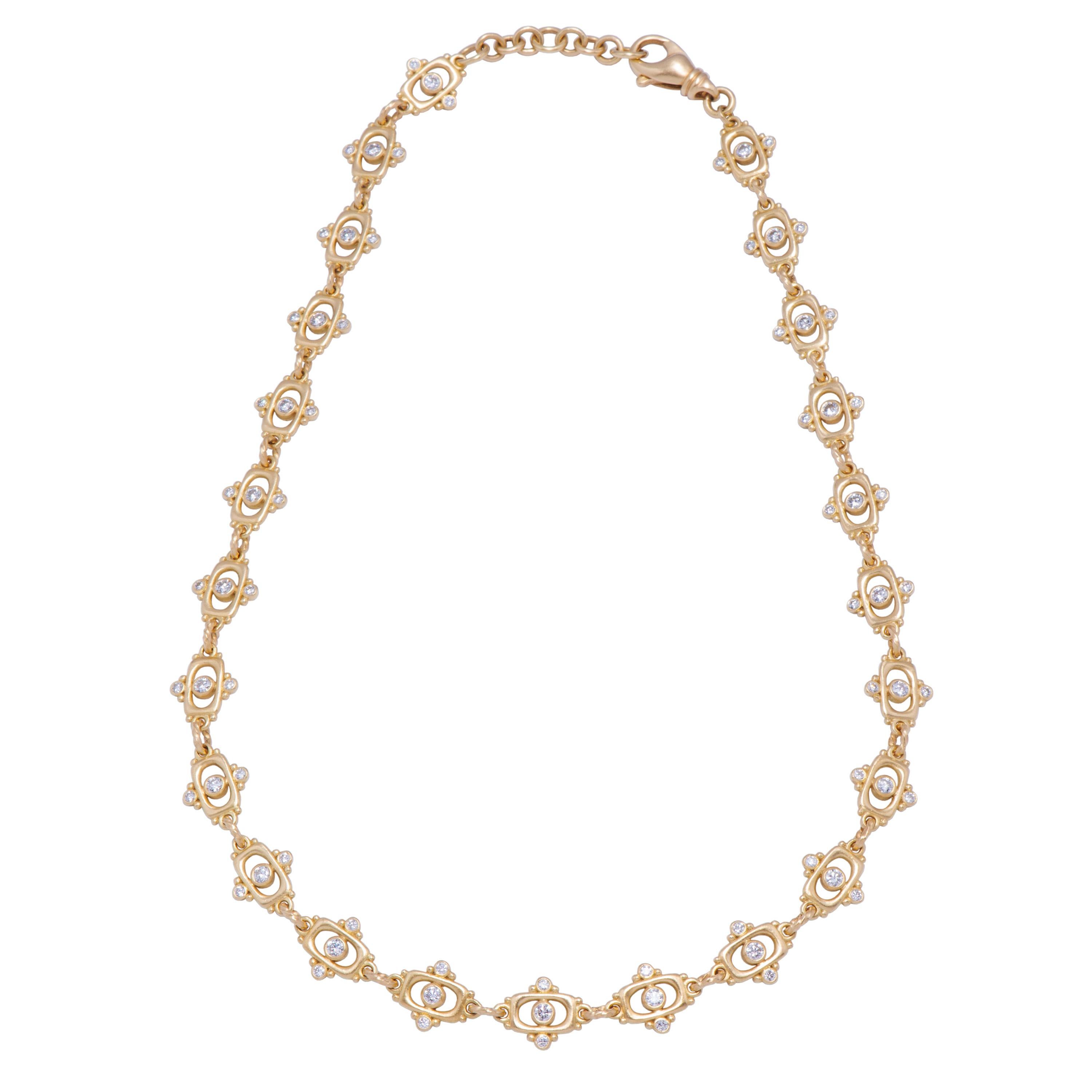 If understated luxury is your preferred mode of self-expression, this necklace speaks volumes! Twenty-four 18kt gold tabla links studded with gold beads and white diamonds 3.84tcw drape beautifully and are fitted with an 18kt gold lobster clasp for