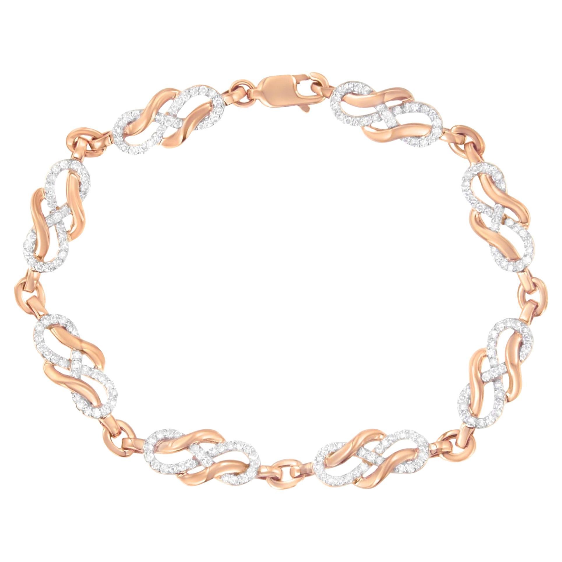 Diamond Link Rope Bracelet Round Brilliant Cut 1.1 Carats 10K Rose Gold For Sale