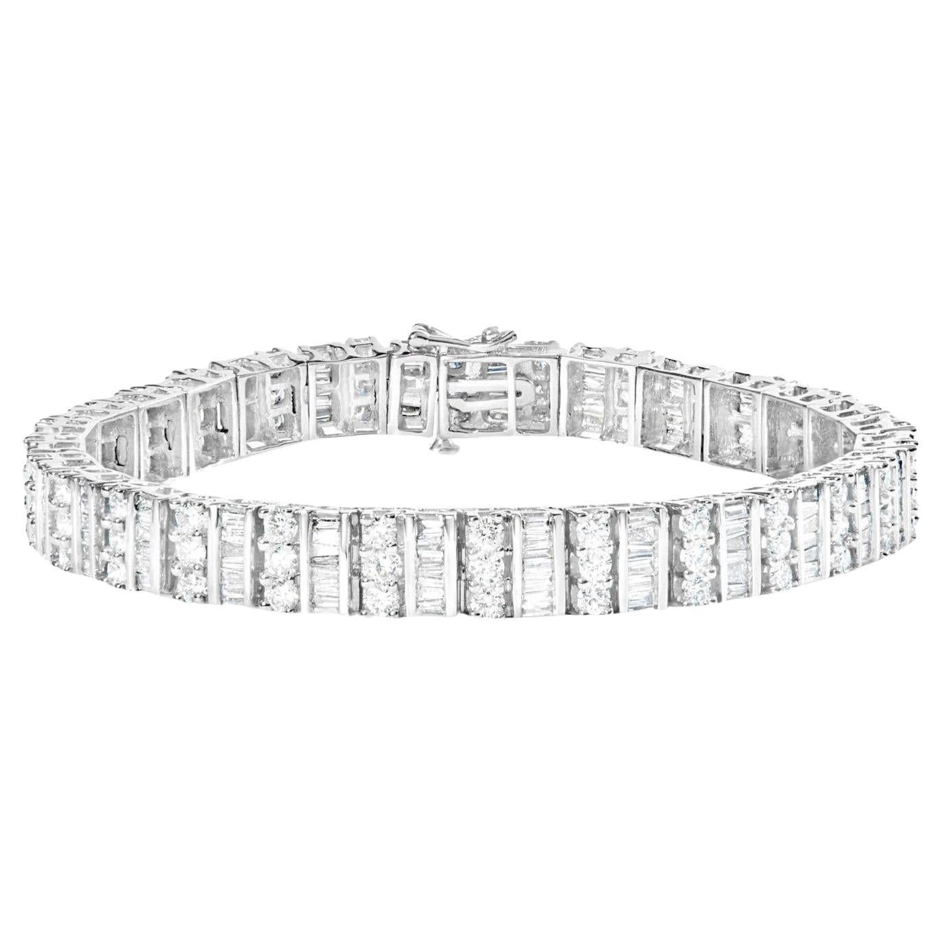 Diamond Link Statement Bracelet Round and Baguette Cut 6 Carats 14K White Gold