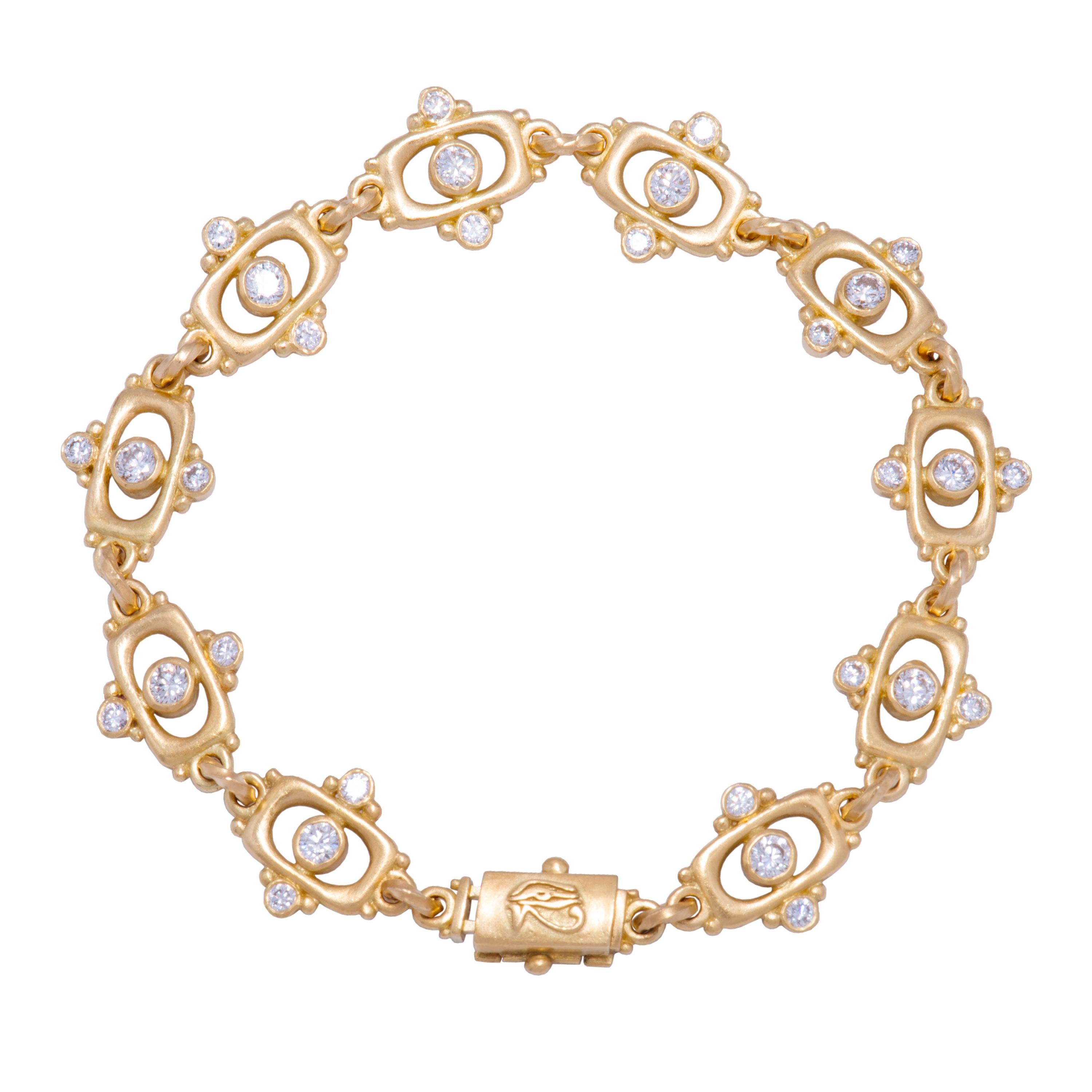 Ten 18k gold tabla links are studded with gold beads and bright white diamonds 1.6tcw to make a strikingly beautiful bracelet that is comfortable enough to ear every day. At 7