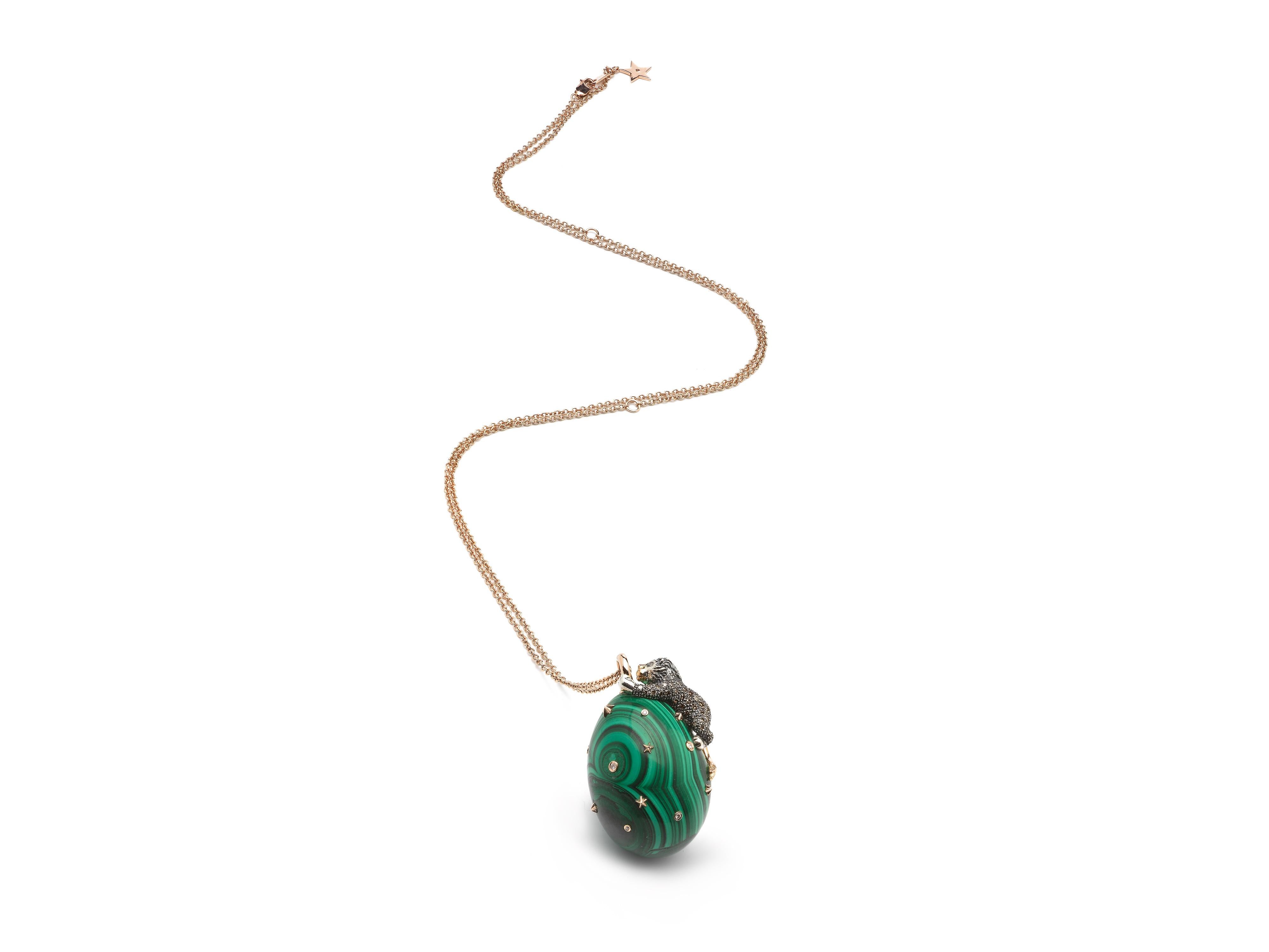 Contemporary Diamond Lion on Green Malachite Energy Necklace 18k Gold and Sterling Silver For Sale