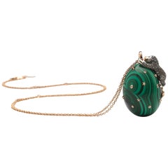 Diamond Lion on Green Malachite Energy Necklace 18k Gold and Sterling Silver