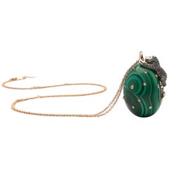 Diamond Lion on Green Malachite Energy Necklace 18k Gold and Sterling Silver