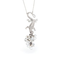 Diamond Lizard Drop Necklace Vintage 14 Karat White Gold Rock Crystal