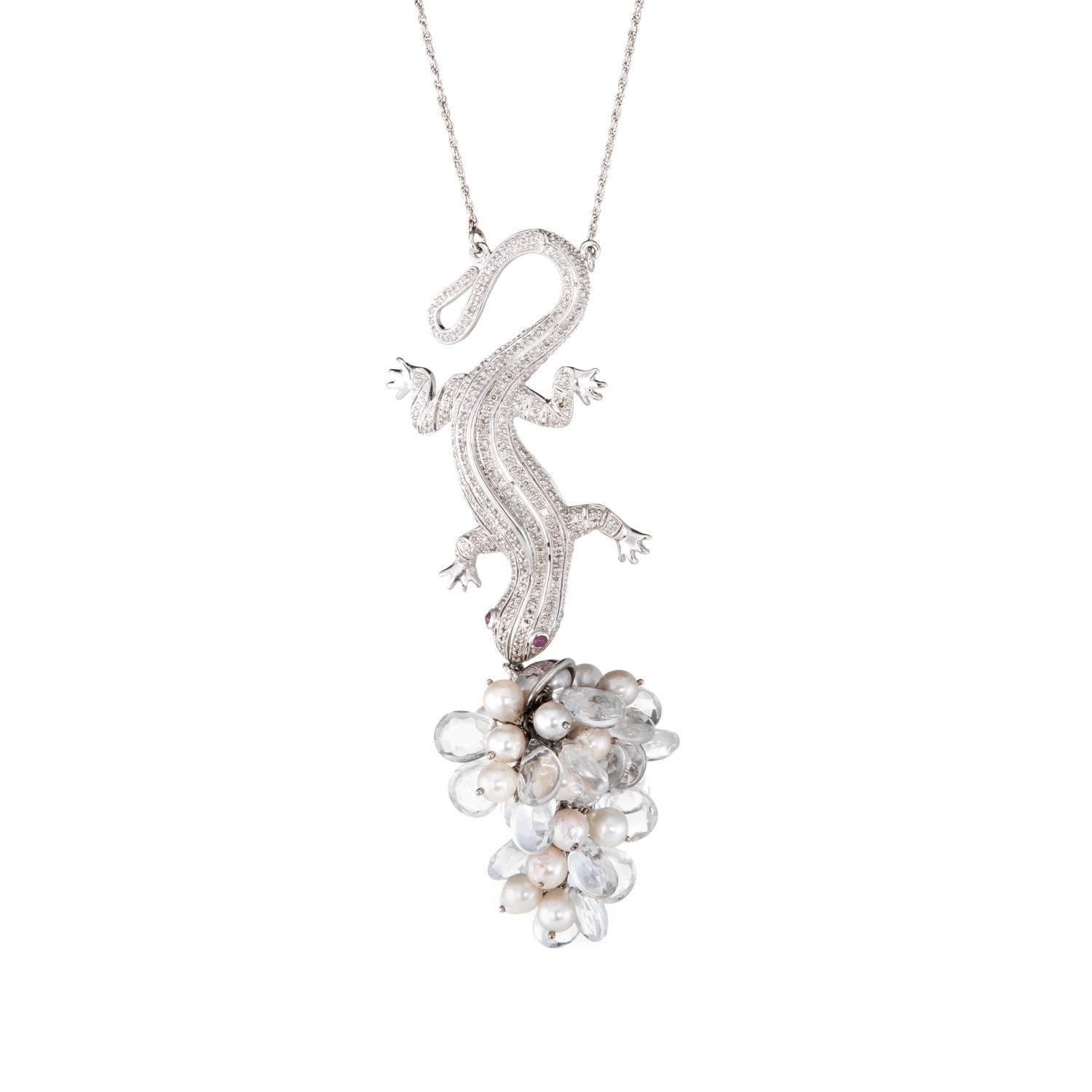Diamond Lizard Drop Necklace Vintage 14 Karat White Gold Rock Crystal