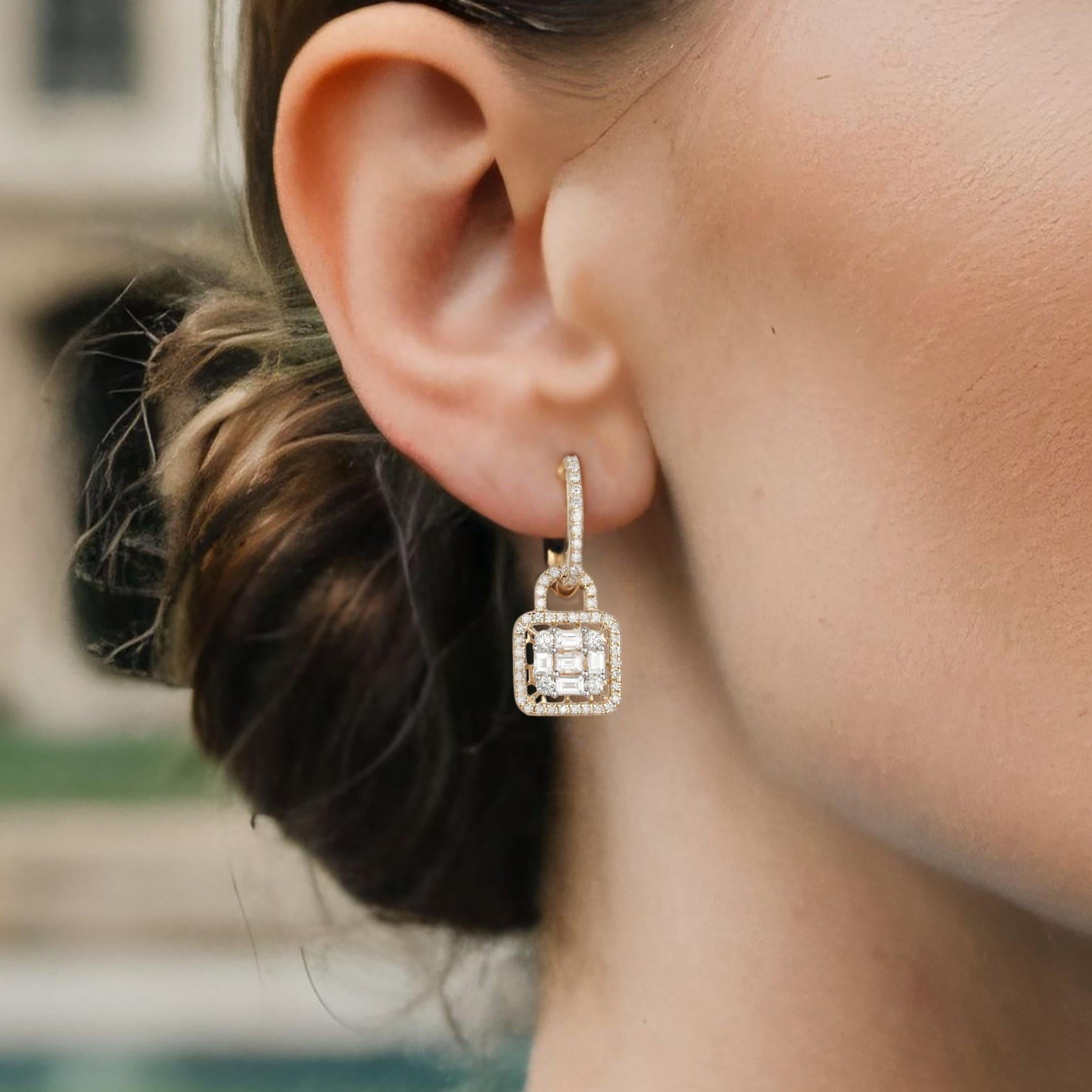 Crafted in 14K gold, these earrings feature 0.65ct of natural diamonds and 0.62ct of baguette diamonds. Available in yellow or white gold, they offer a perfect blend of elegance and sparkle for any occasion.

Earrings Information
Diamond Type :