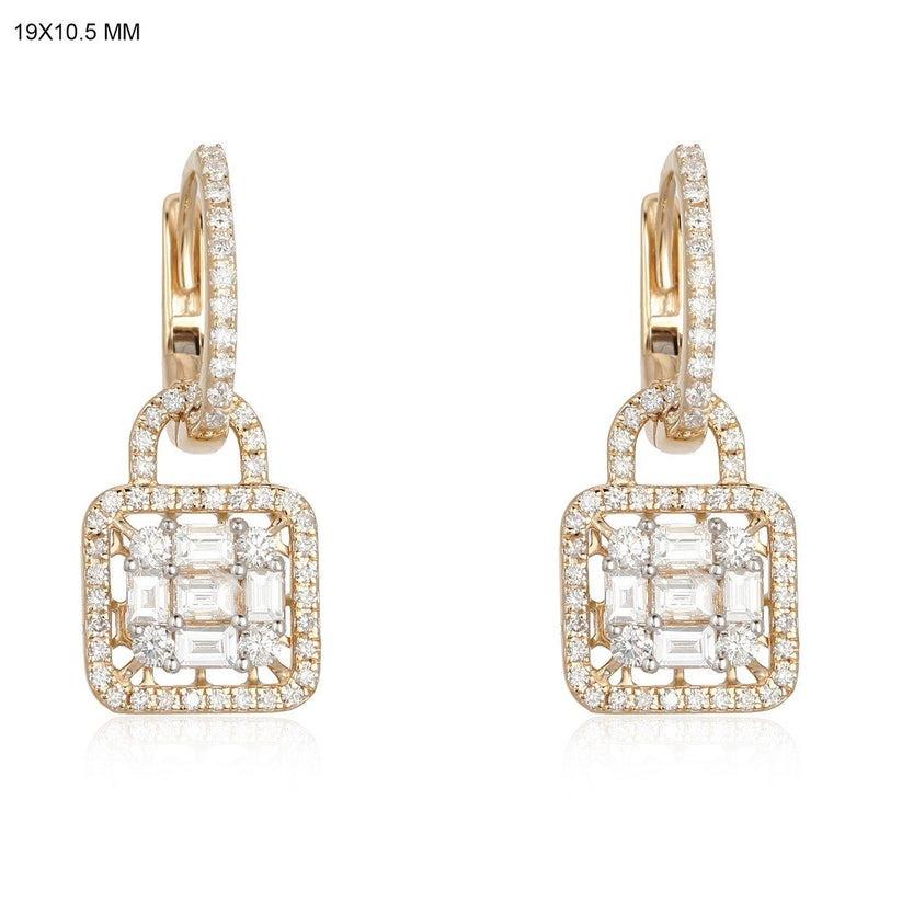 Modern Diamond Lock 14K Yellow Gold Charm Hoop Earrings For Sale
