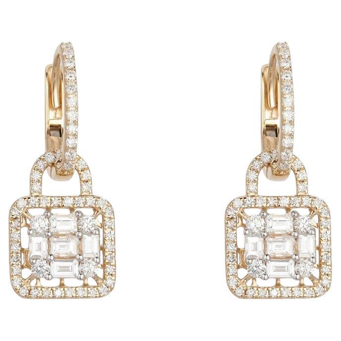 Diamond Lock 14K Yellow Gold Charm Hoop Earrings