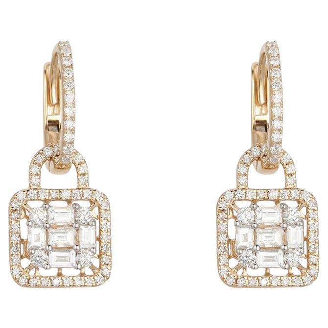 Diamond Lock 14K Yellow Gold Charm Hoop Earrings
