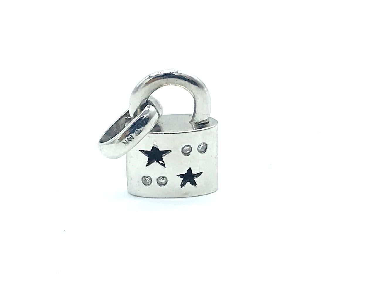 Contemporary Diamond Lock Charm with Stars, 14 Karat White Gold Pendant