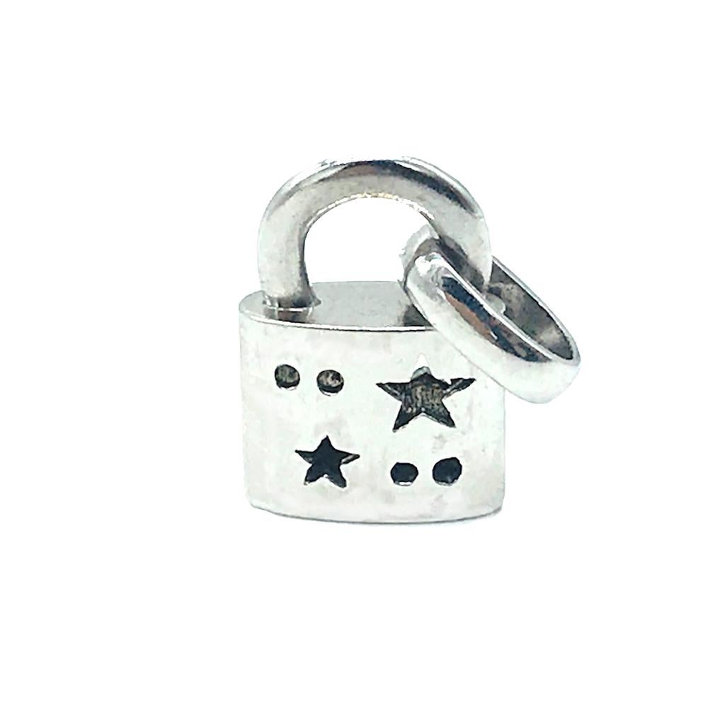 Round Cut Diamond Lock Charm with Stars, 14 Karat White Gold Pendant