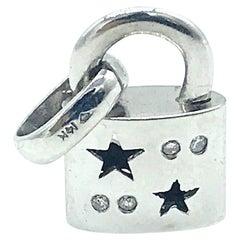 Diamond Lock Charm with Stars, 14 Karat White Gold Pendant