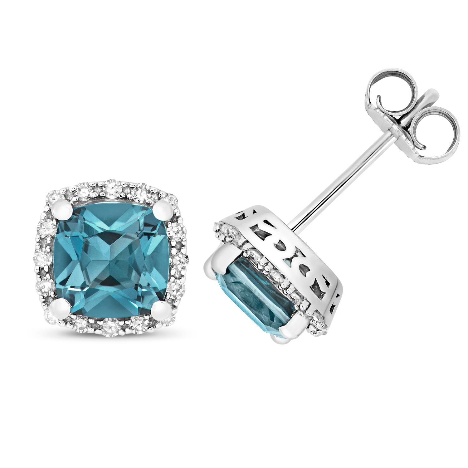 Women's DIAMOND & LONDON BLUE TOPAZ CUSHION CLUSTER STUDS IN 9CT WHITE Gold For Sale