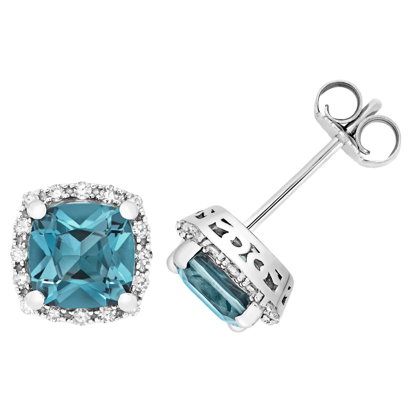 DIAMOND & LONDON BLUE TOPAZ CUSHION CLUSTER STUDS IN 9CT WHITE Gold For Sale