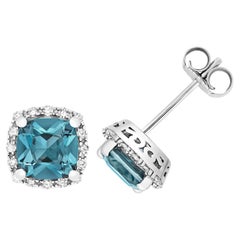 DIAMANT & LONDON BLUE TOPAZ CUSHION CLUSTER STUDS IN 9CT WHITE Gold