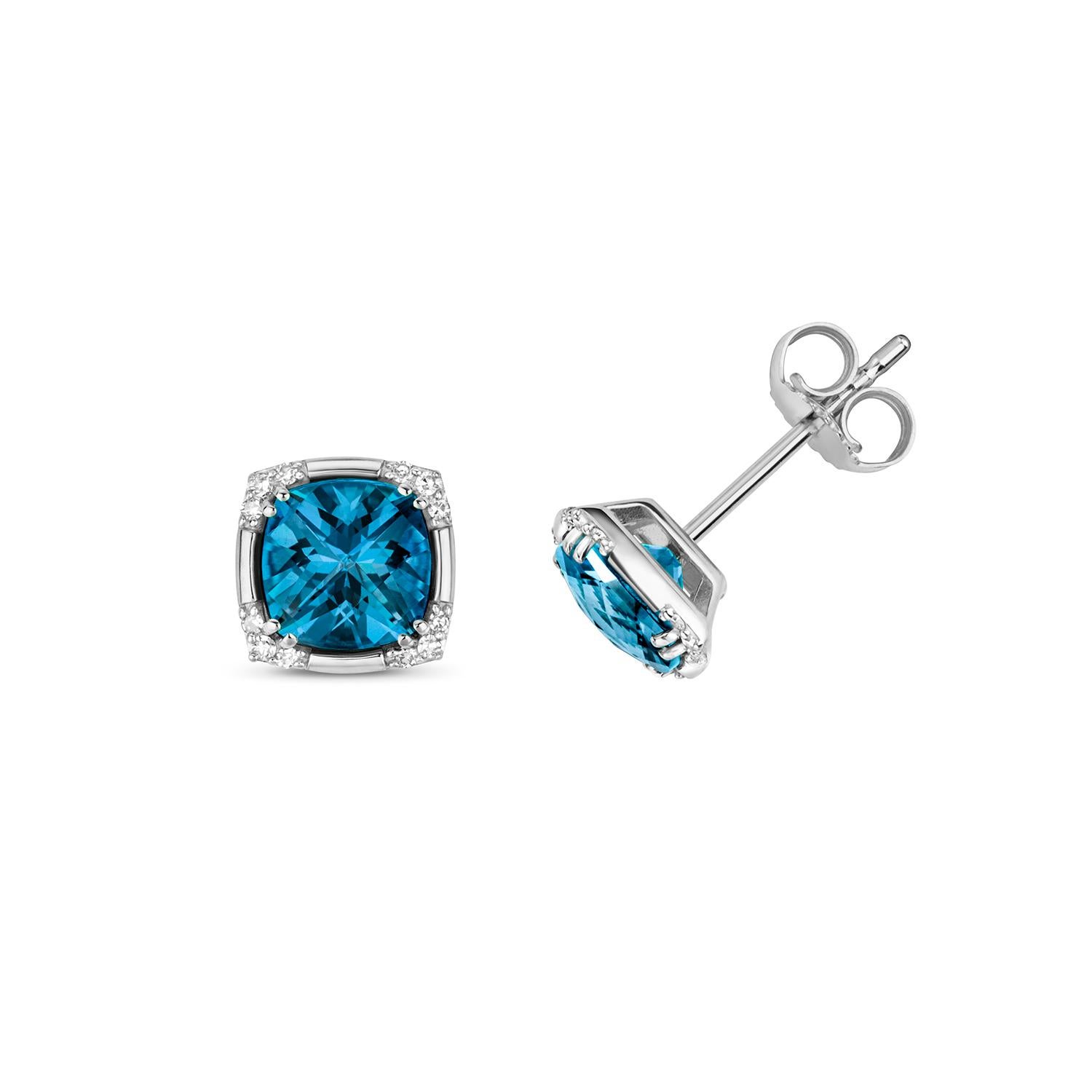 Women's DIAMOND & LONDON BLUE TOPAZ CUSHION WITH CORNER SET STUDS IN 9CT WHITE Gold For Sale