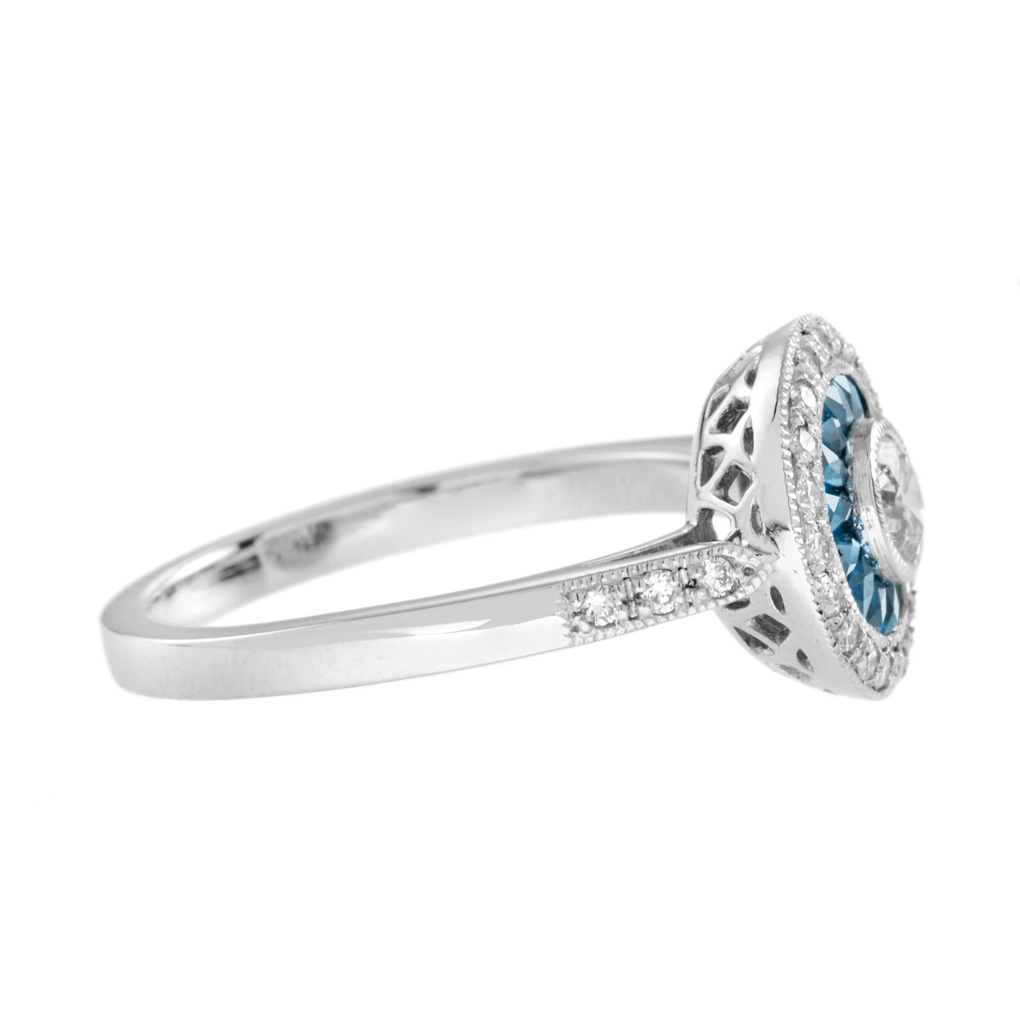 Anillo de oro blanco de 14 quilates redondo estilo art déco con halo de diamantes y topacio azul de Londres Art Decó en venta