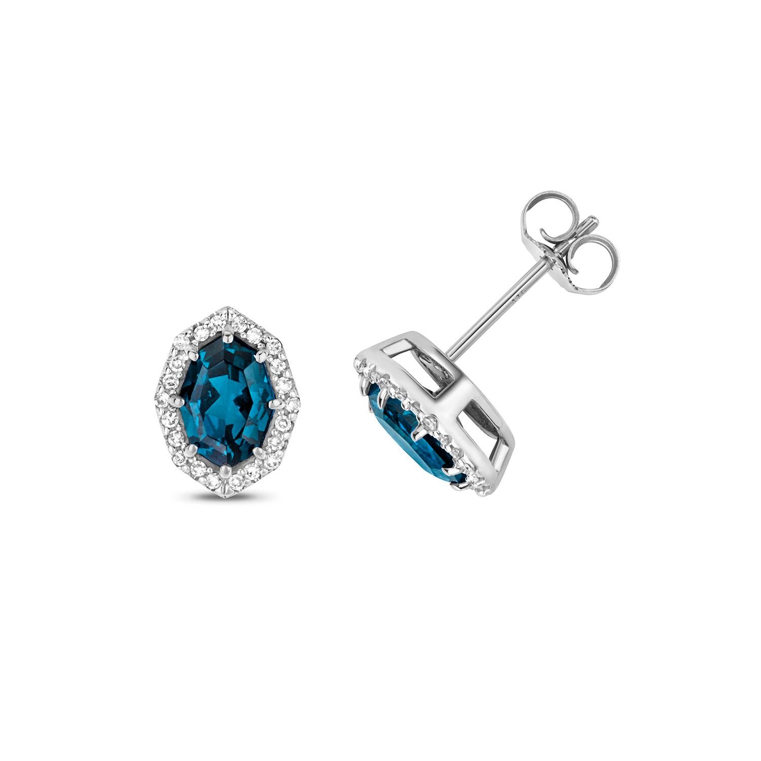 Women's DIAMOND & LONDON BLUE TOPAZ OCTAGON CLUSTER STUDS IN 9CT WHITE Gold For Sale