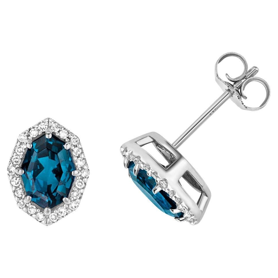 DIAMOND & LONDON BLUE TOPAZ OCTAGON CLUSTER STUDS IN 9CT WHITE Gold For Sale