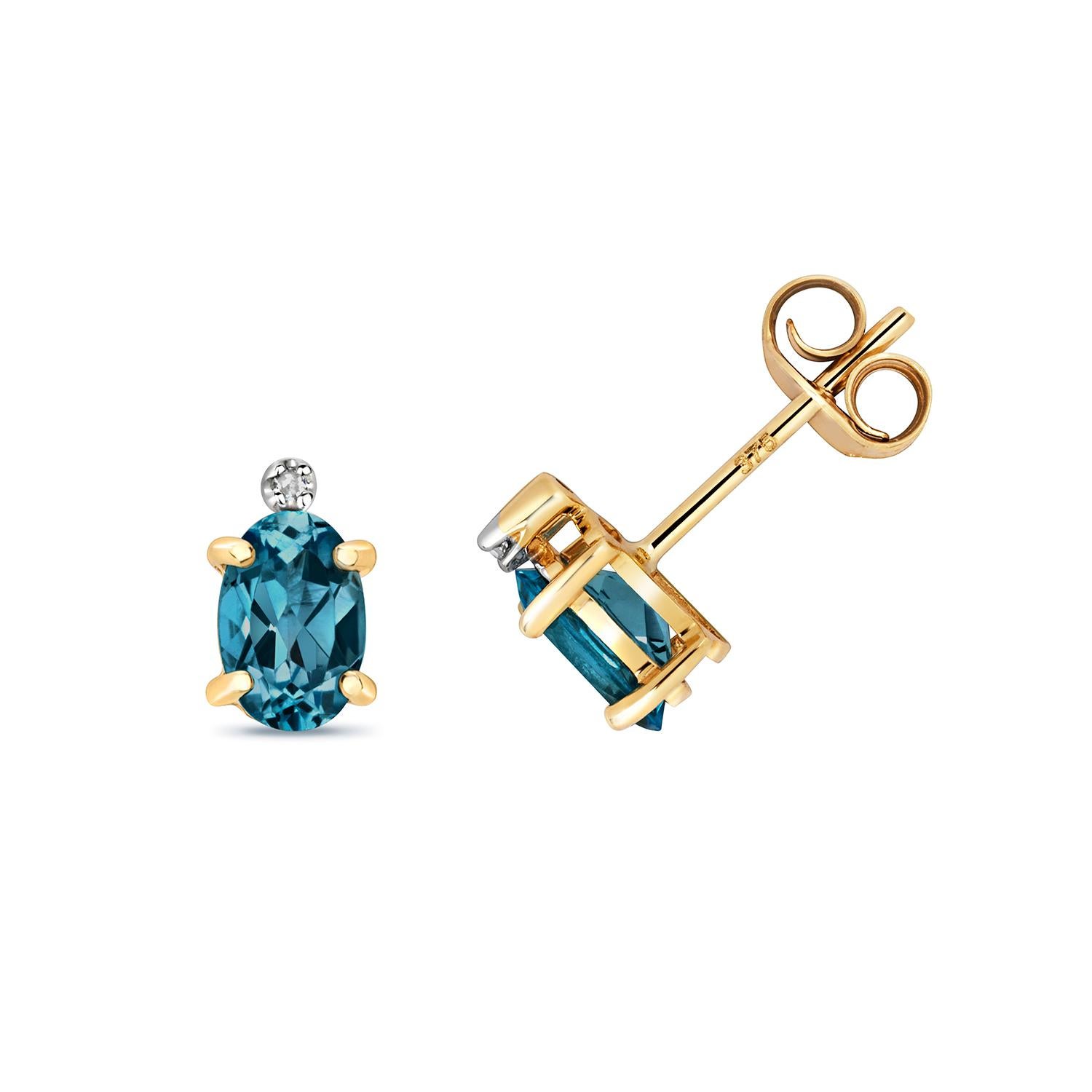 DIAMOND & LONDON BLUE TOPAZ OVAL CLAW SET STUDS IN 9CT Gold In New Condition For Sale In Ilford, GB