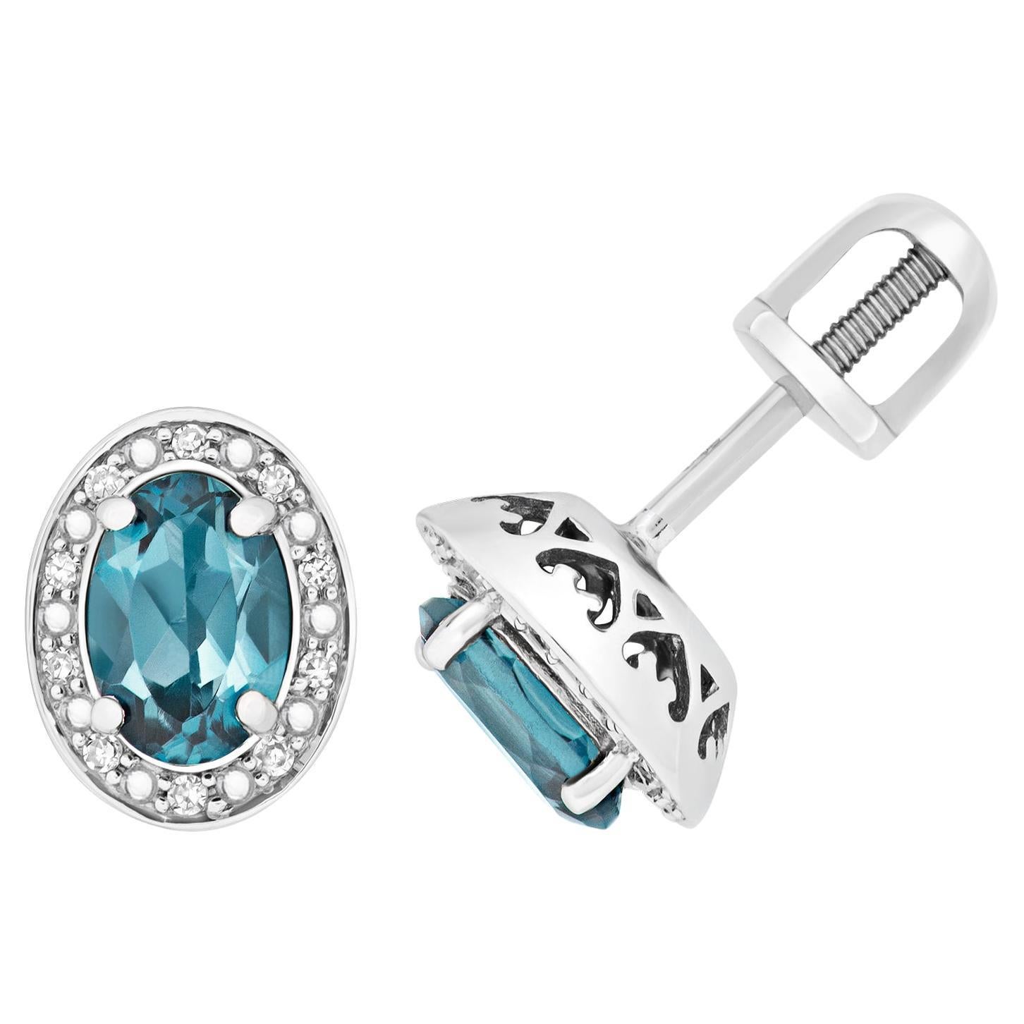 DIAMOND & LONDON BLUE TOPAZ OVAL CLUSTER STUDS IN 9CT WHITE Gold For Sale