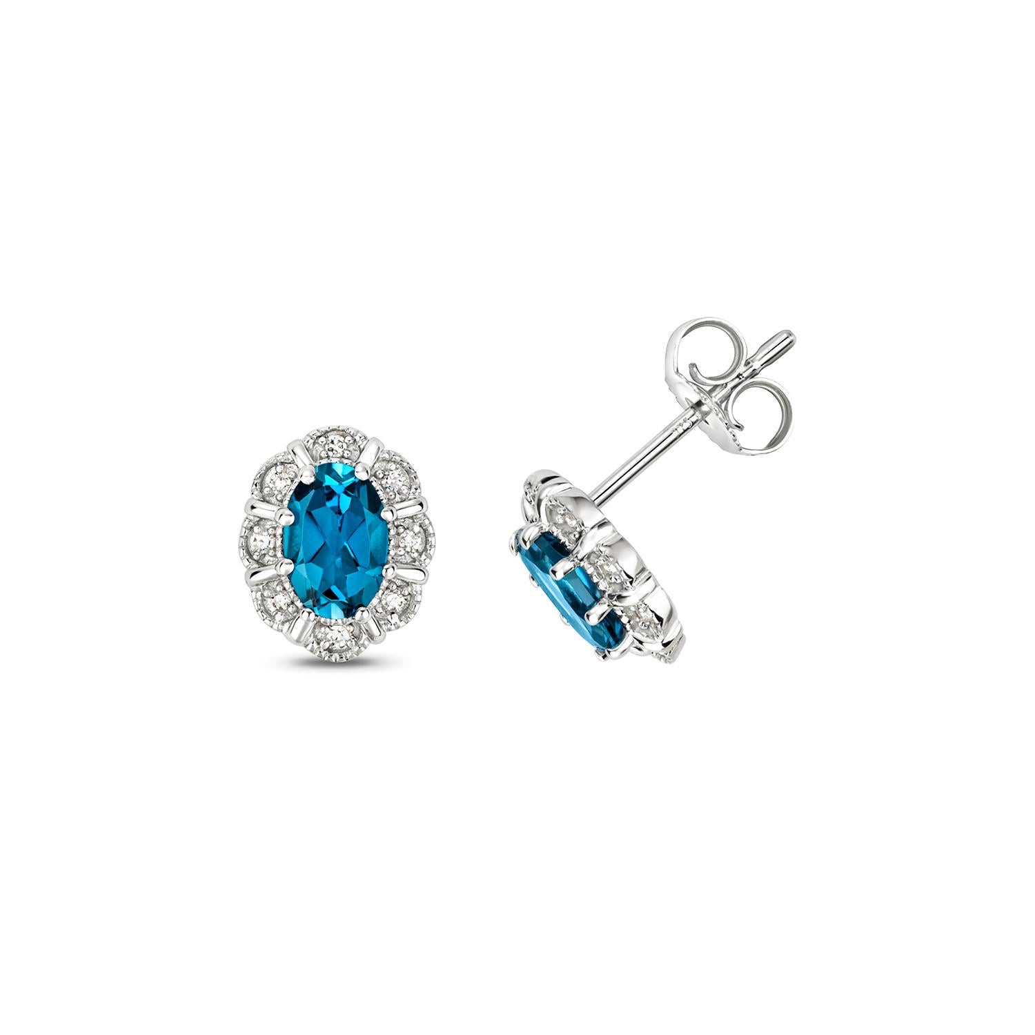 DIAMOND & LONDON BLUE TOPAZ OVAL DECO STYLE CLUSTER STUDS IN 9CT WHITE Gold In New Condition For Sale In Ilford, GB