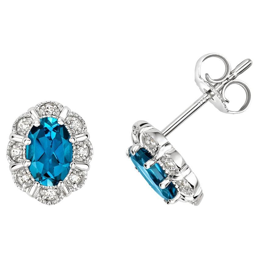 DIAMOND & LONDON BLUE TOPAZ OVAL DECO Style CLUSTER-STUDS IN 9CT WEISSEM Gold im Angebot