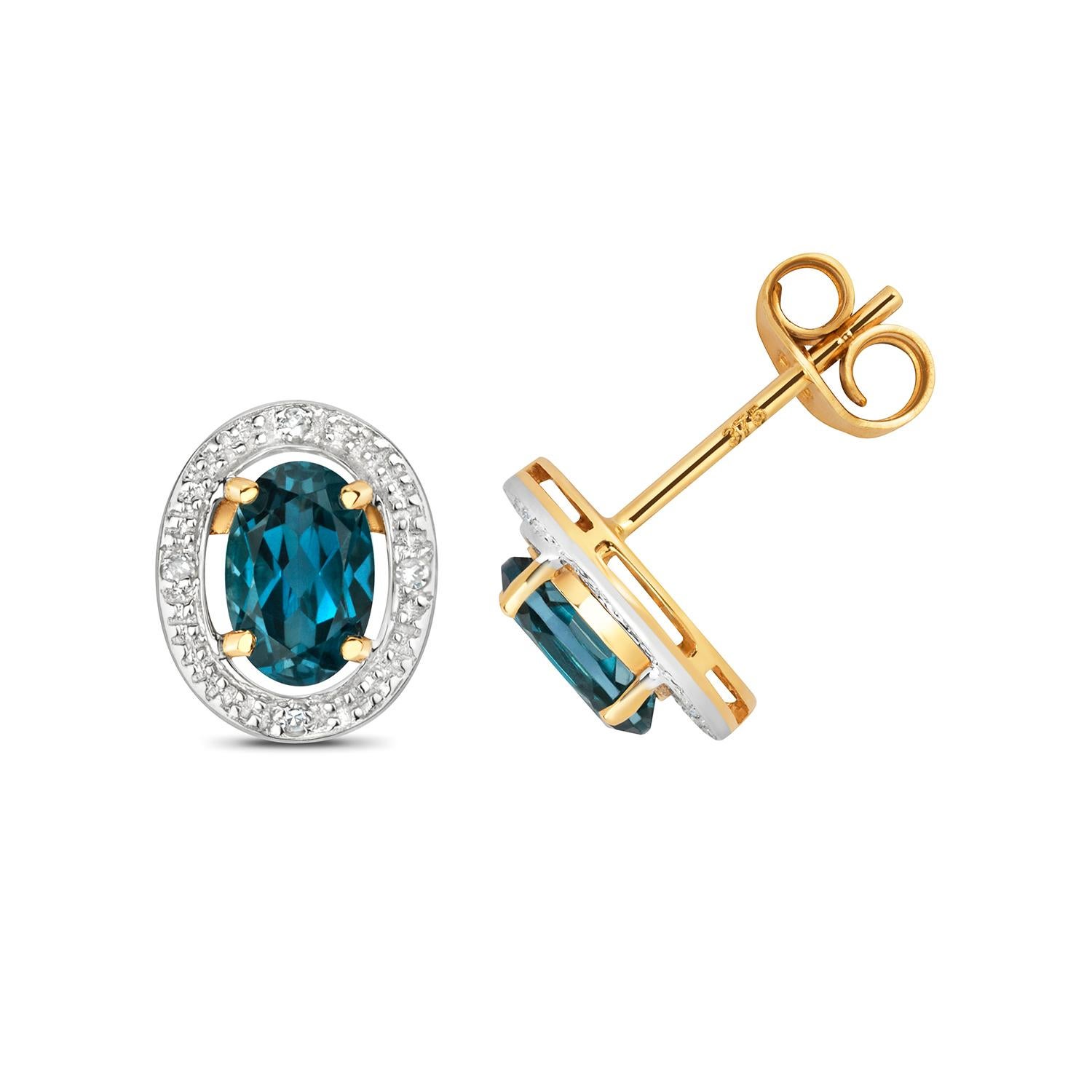 Women's or Men's DIAMOND & LONDON BLUE TOPAZ OVAL HALO STUDS IN 9CT Gold For Sale