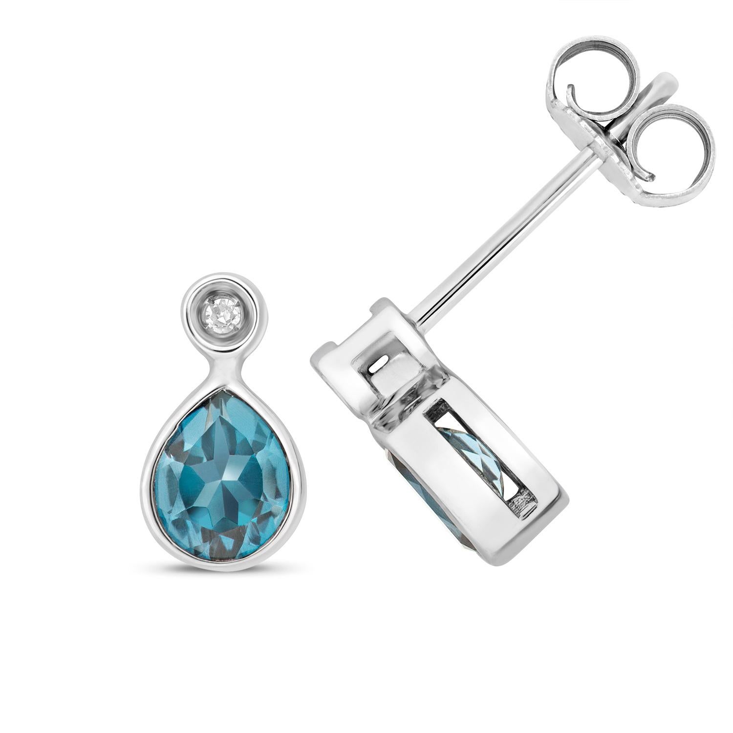 DIAMOND & LONDON BLUE TOPAZ PEAR SHAPE RUBOVER STUDS IN 9CT WHITE Gold In New Condition For Sale In Ilford, GB