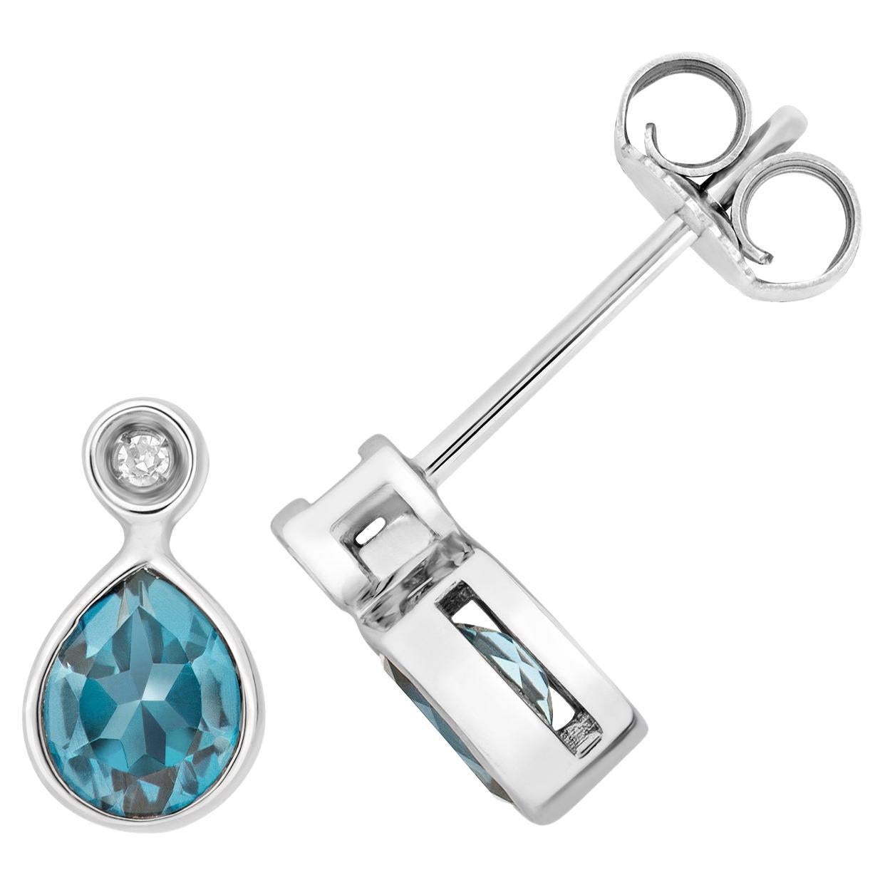 DIAMOND & LONDON BLUE TOPAZ PEAR SHAPE RUBOVER STUDS IN 9CT WHITE Gold For Sale