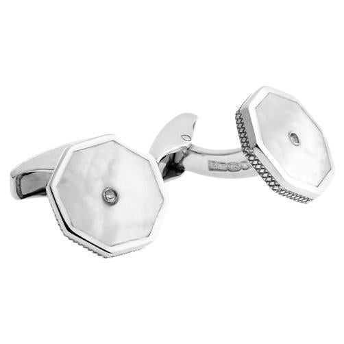 Diamond London Eye Cufflinks with White Mother of Pearl in Sterling Silver For Sale