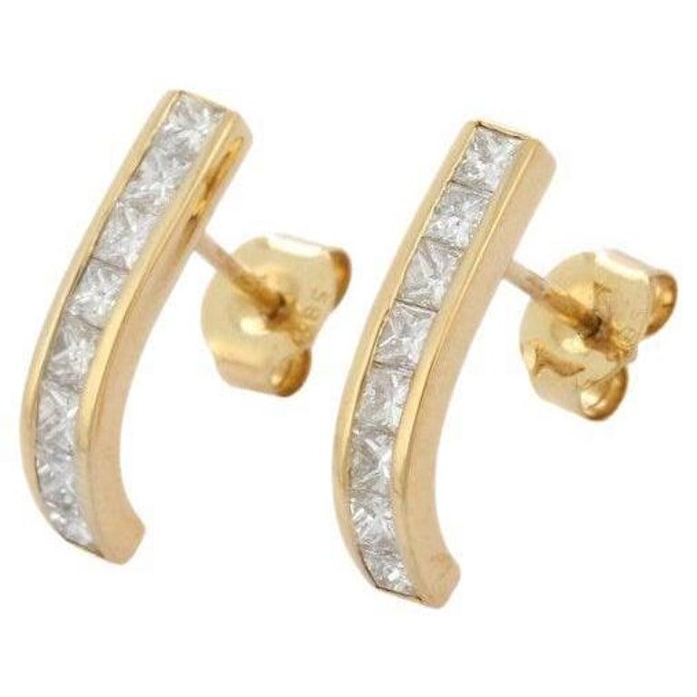 Women's Diamond Long Stud Earrings Handcrafted in 14kt Solid Yellow Gold For Sale