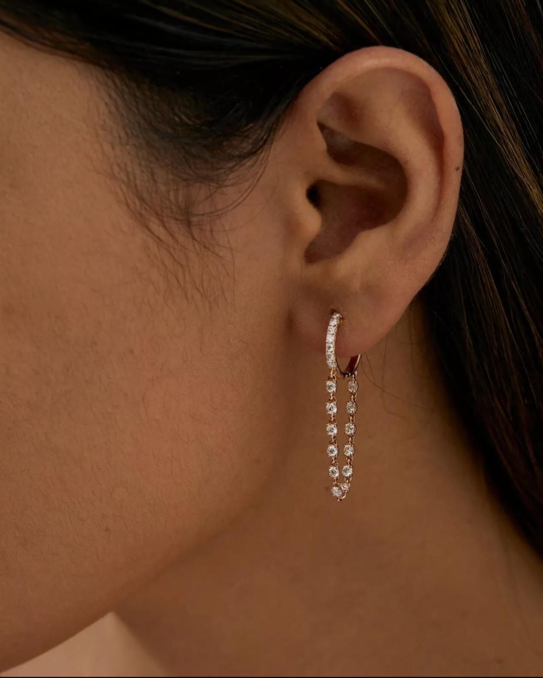 Women's or Men's Diamond Loop Chain Huggie Earrings 14k Solid Gold Earring Gift For Mom Sister For Sale