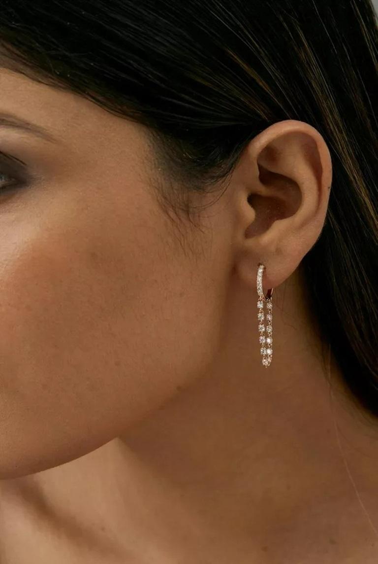 Round Cut Diamond Loop Chain Huggie Earrings 14k Solid Gold Earring Gift For Sale