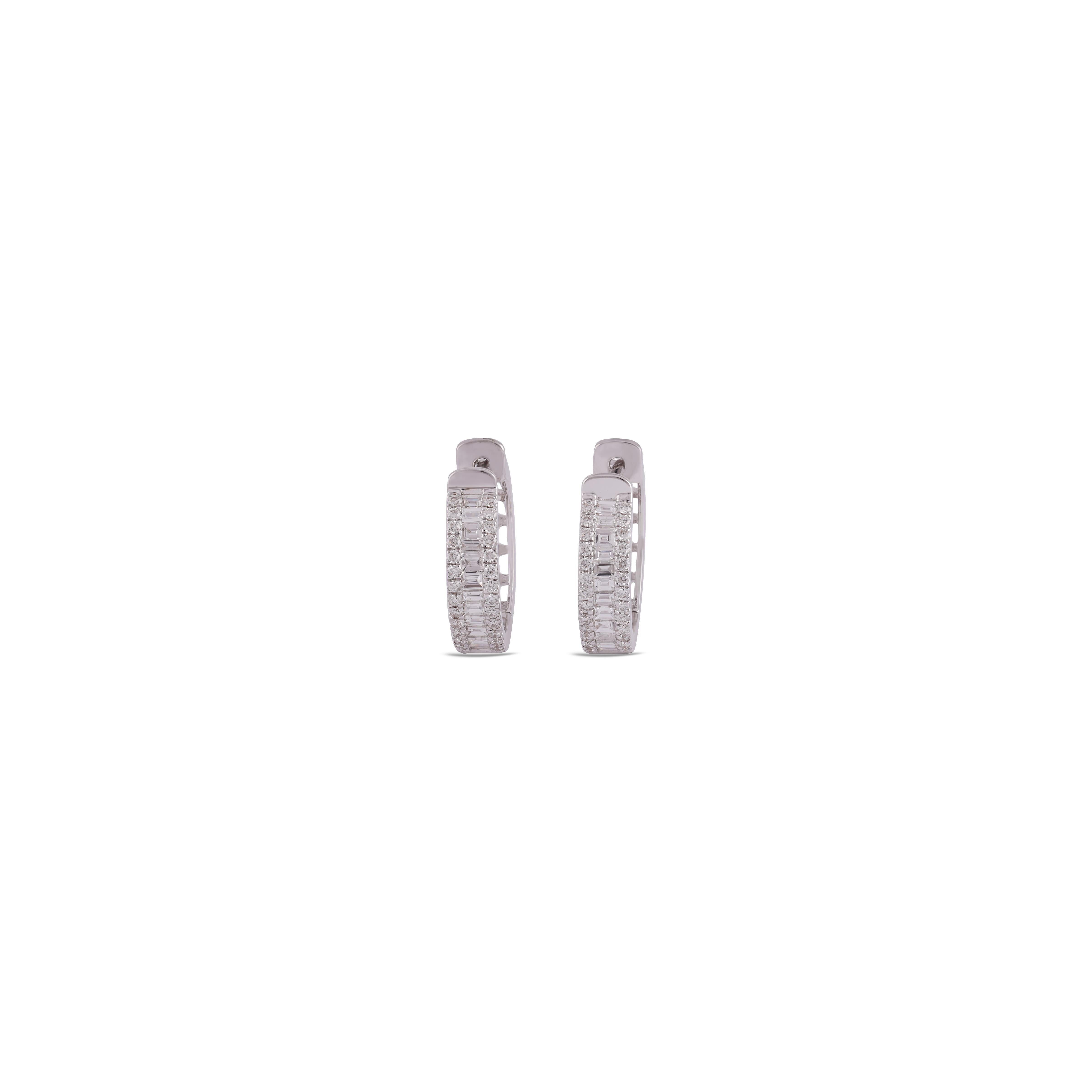 These are an exclusive earrings wit diamonds features round  of diamonds weight 0.85 carats, These entire earrings are studded in 18k White gold, earrings have a Lever-Back mechanism. 
