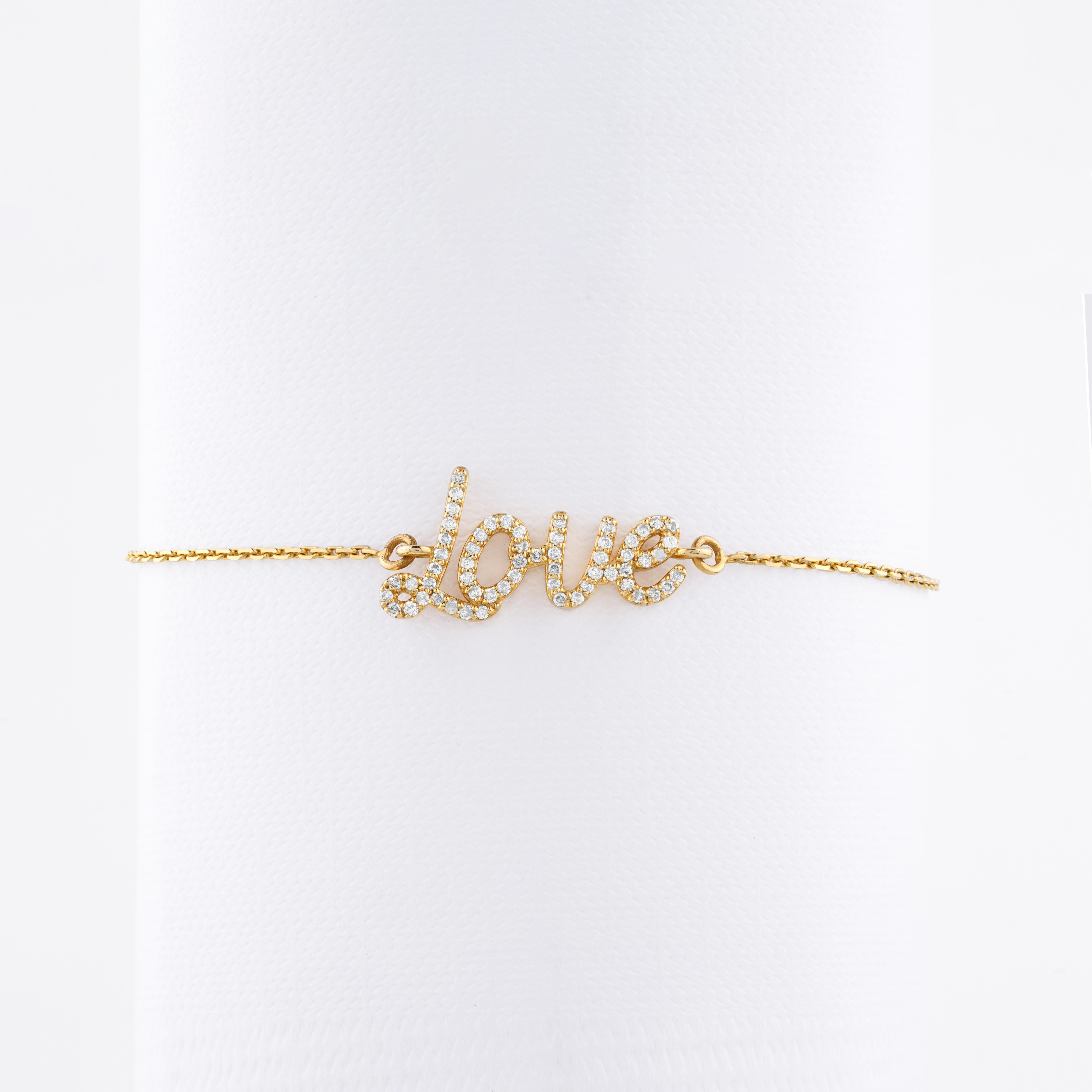 Diamond Love Charm Bracelet in 18k Solid Gold For Sale 5