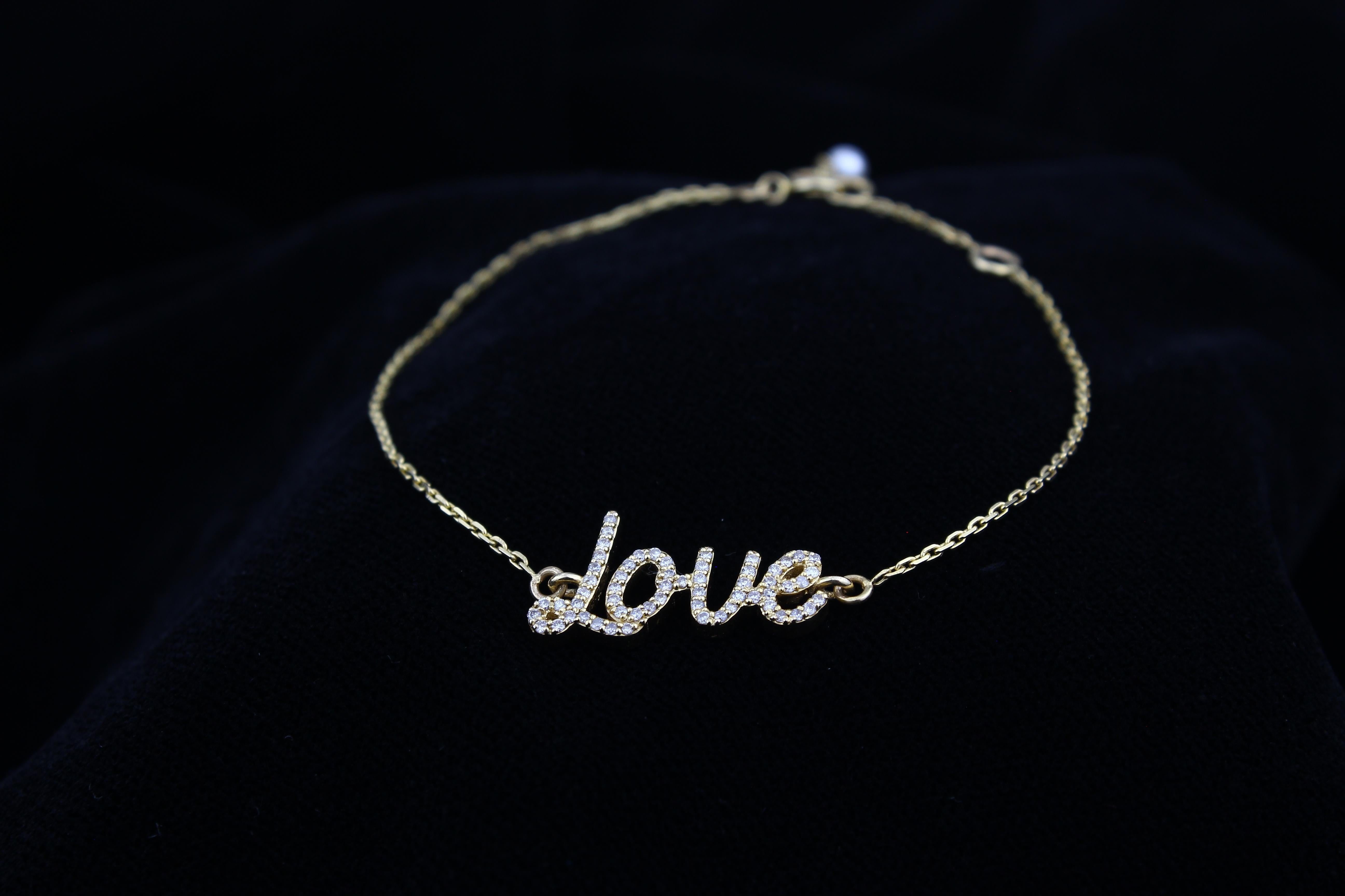 Diamond Love Charm Bracelet in 18k Solid Gold For Sale 9