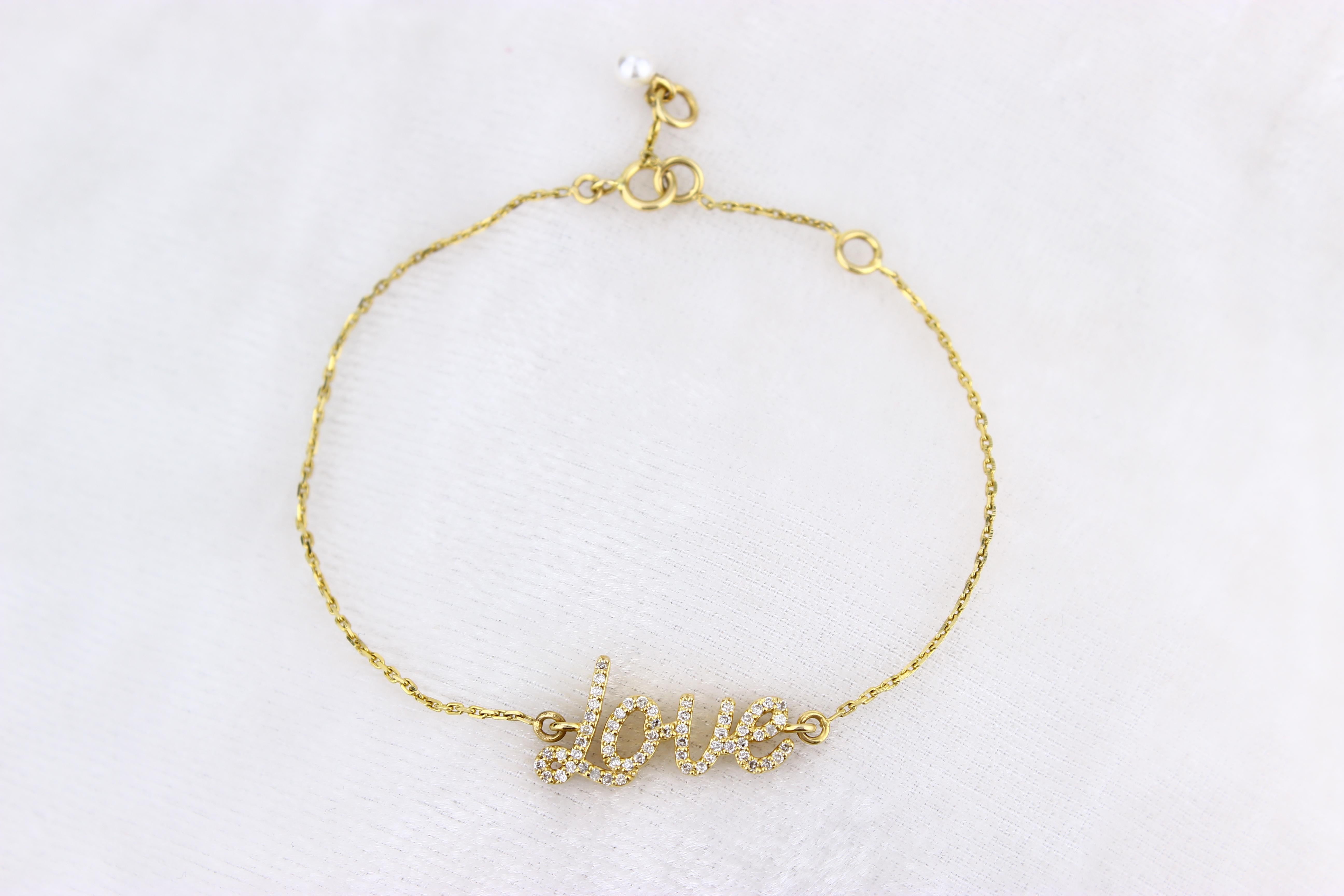 Diamond Love Charm Bracelet in 18k Solid Gold For Sale 3