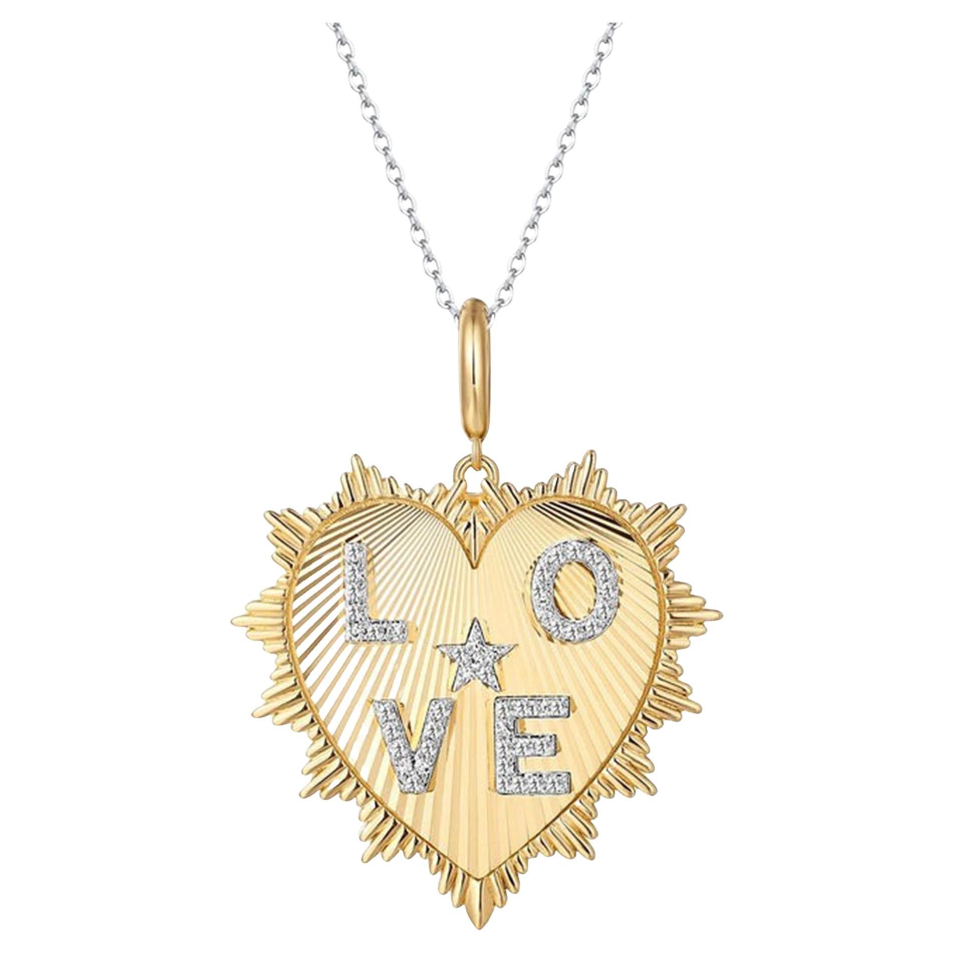 Diamond Love Heart Charm 14K (or 18k upon request) Yellow Gold Pendant Necklace For Sale
