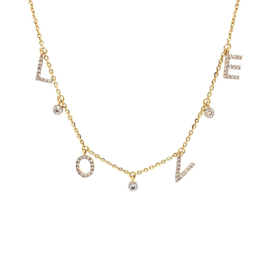 The Diamond Love Necklace is a stunning piece that exudes sophistication and charm. Crafted with a lustrous gold finish, each letter is meticulously adorned with sparkling pavé-set diamonds that catch the light with every movement. Suspended from a
