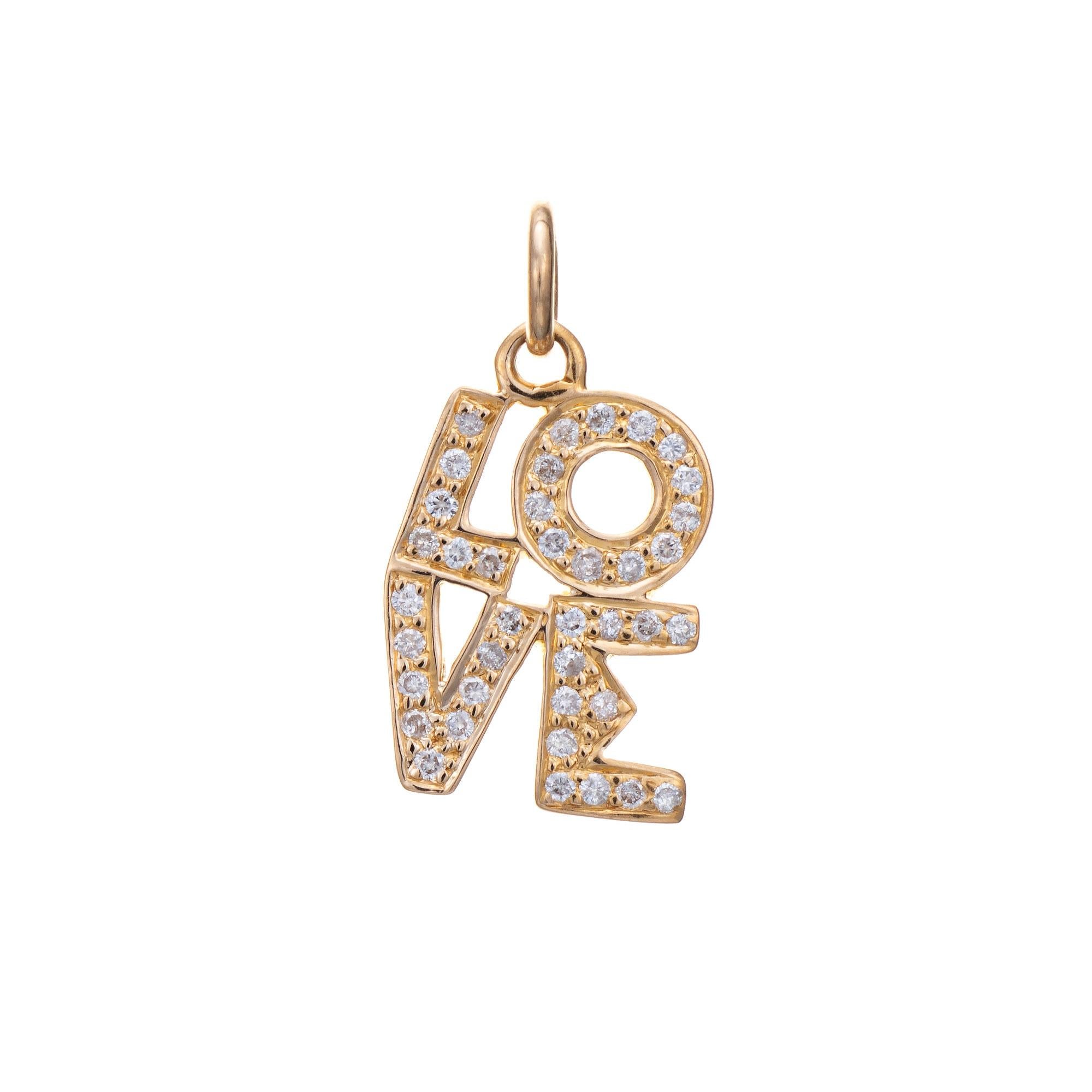 Modern Diamond LOVE Pendant 70s Vintage 14k Yellow Gold Charm Estate Fine Jewelry  For Sale