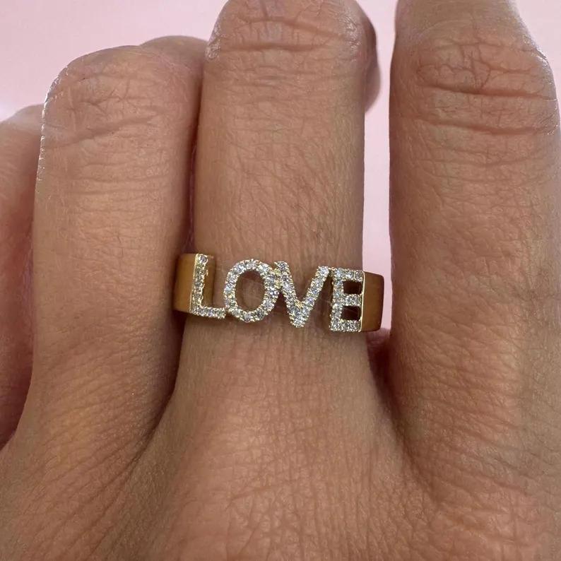 Contemporary Diamond LOVE Statement Band Ring 0.14 Carats 14 Karat Yellow Gold For Sale