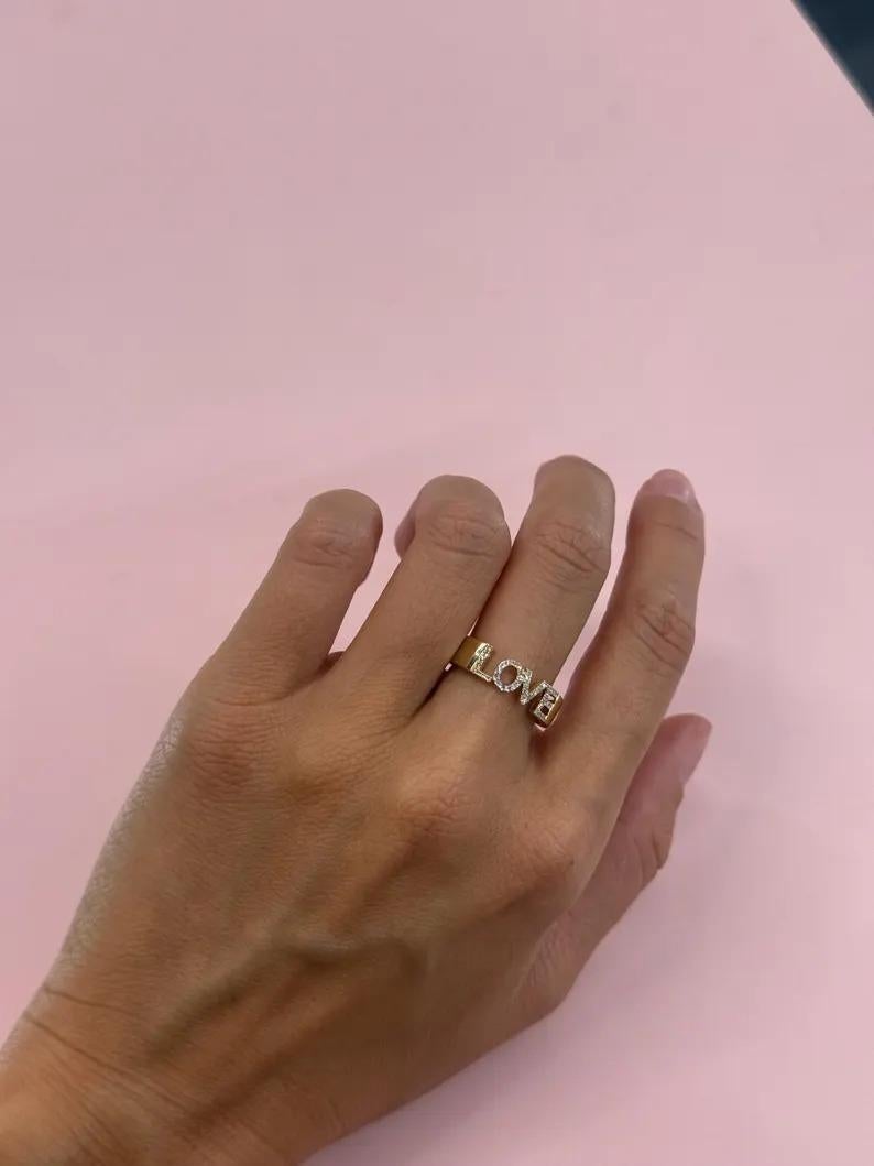 Round Cut Diamond LOVE Statement Band Ring 0.14 Carats 14 Karat Yellow Gold For Sale