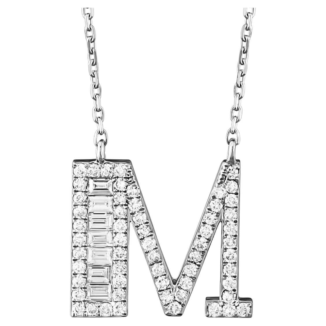 Diamond M Letter Baguette Charm Pendant 14K White Gold Personalized Necklace For Sale