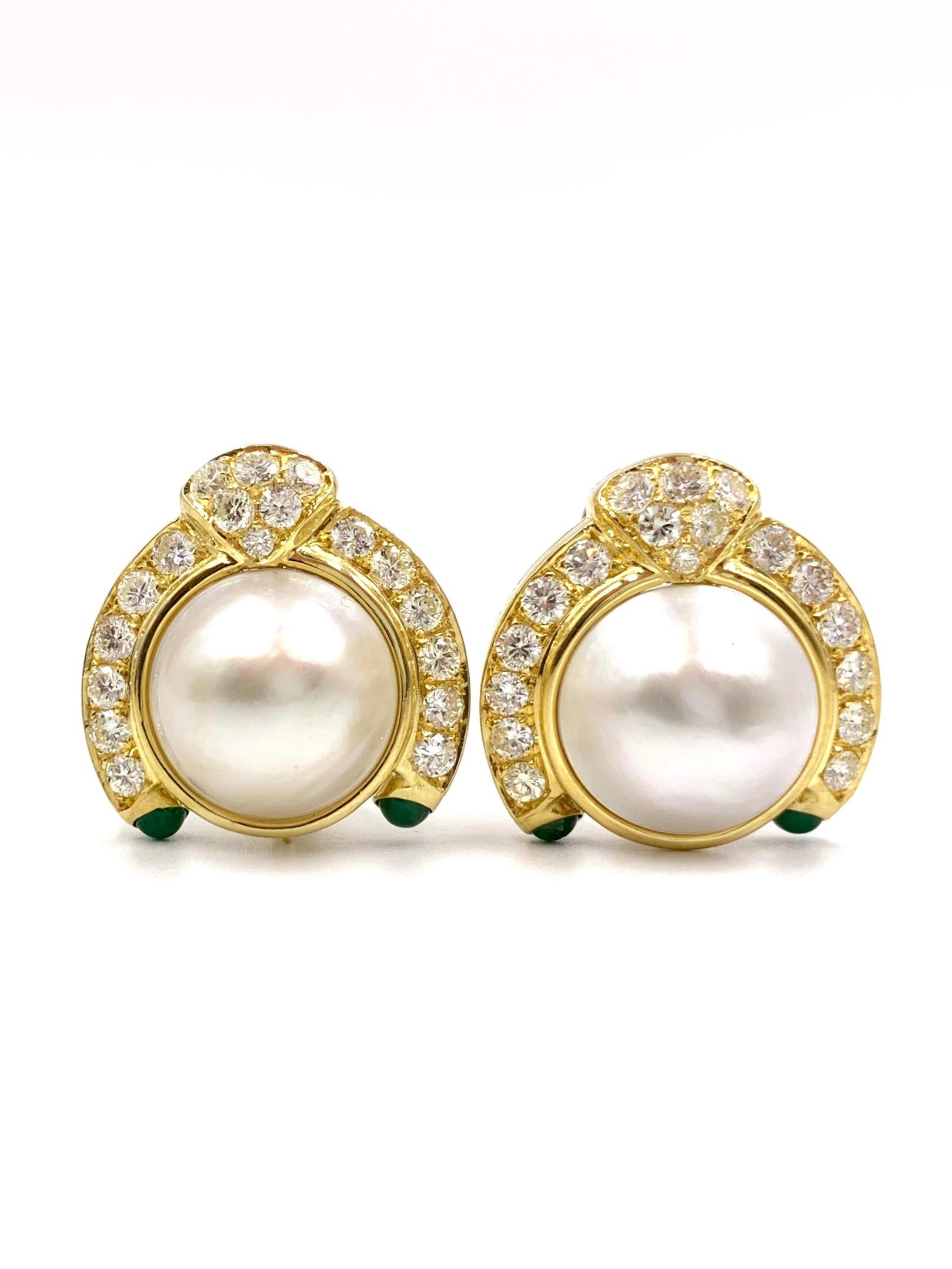 Round Cut Diamond, Mabe Pearl and Emerald 18 Karat Convertible Earrings For Sale