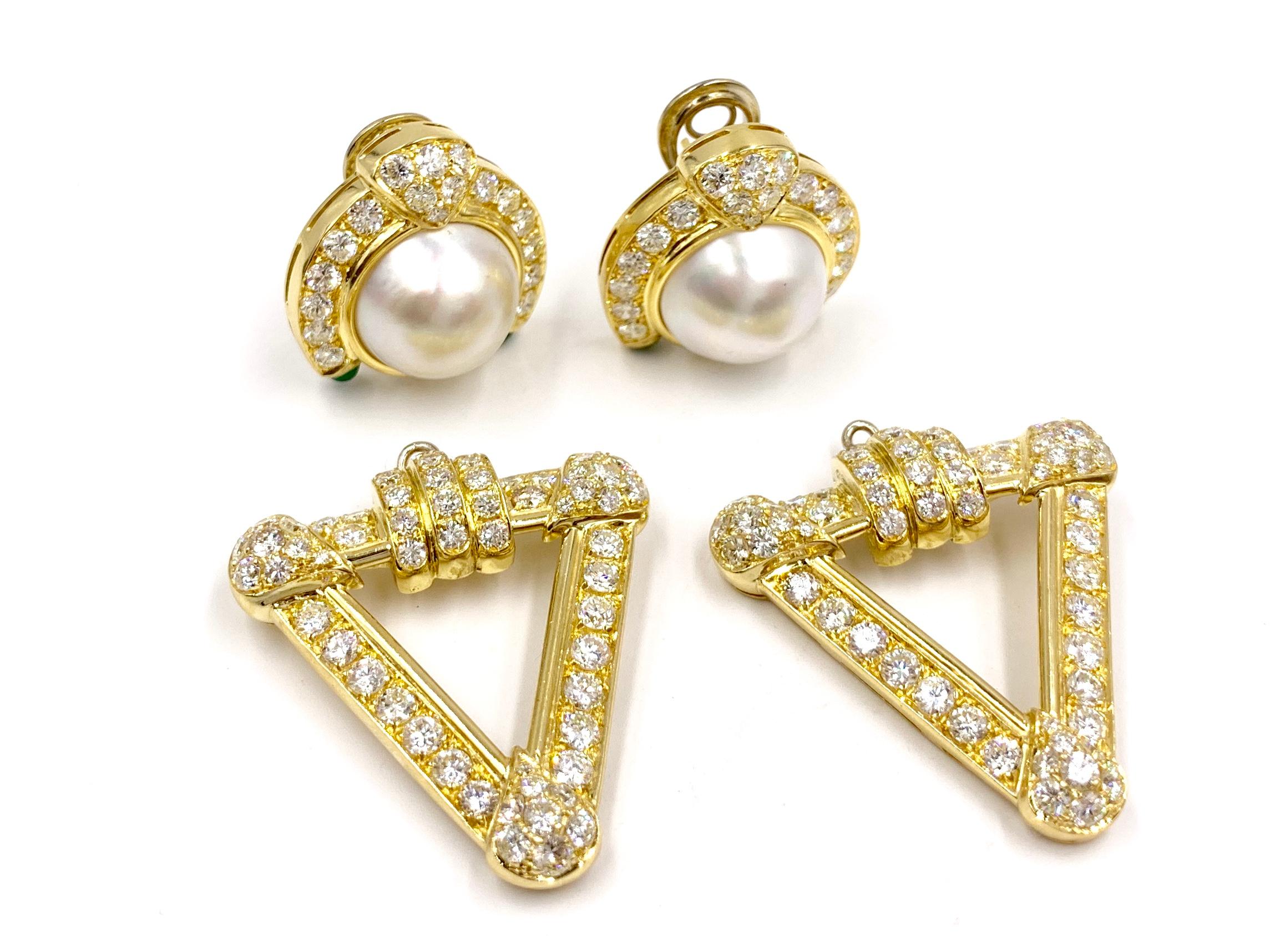 Diamond, Mabe Pearl and Emerald 18 Karat Convertible Earrings In Excellent Condition For Sale In Pikesville, MD