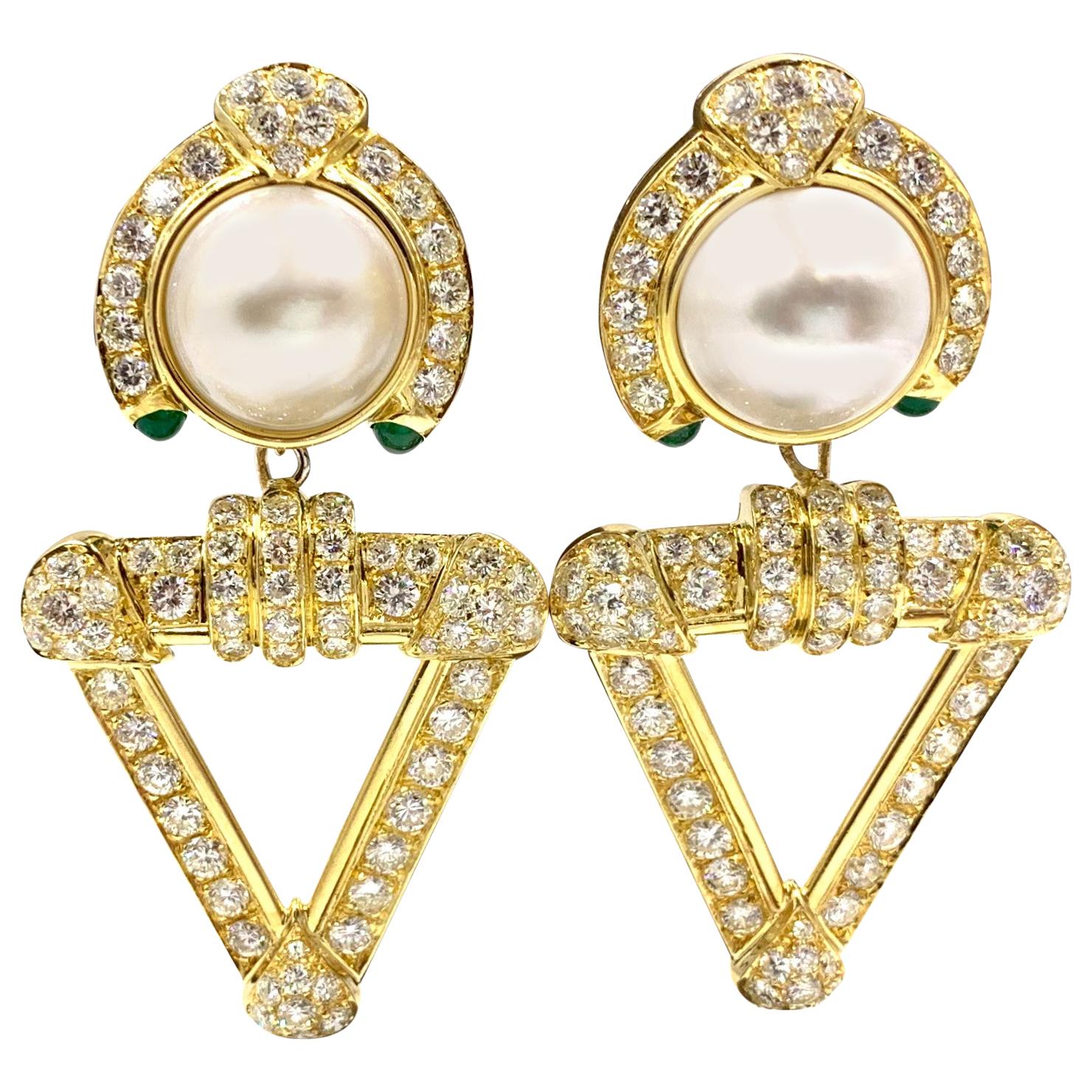 Diamond, Mabe Pearl and Emerald 18 Karat Convertible Earrings For Sale