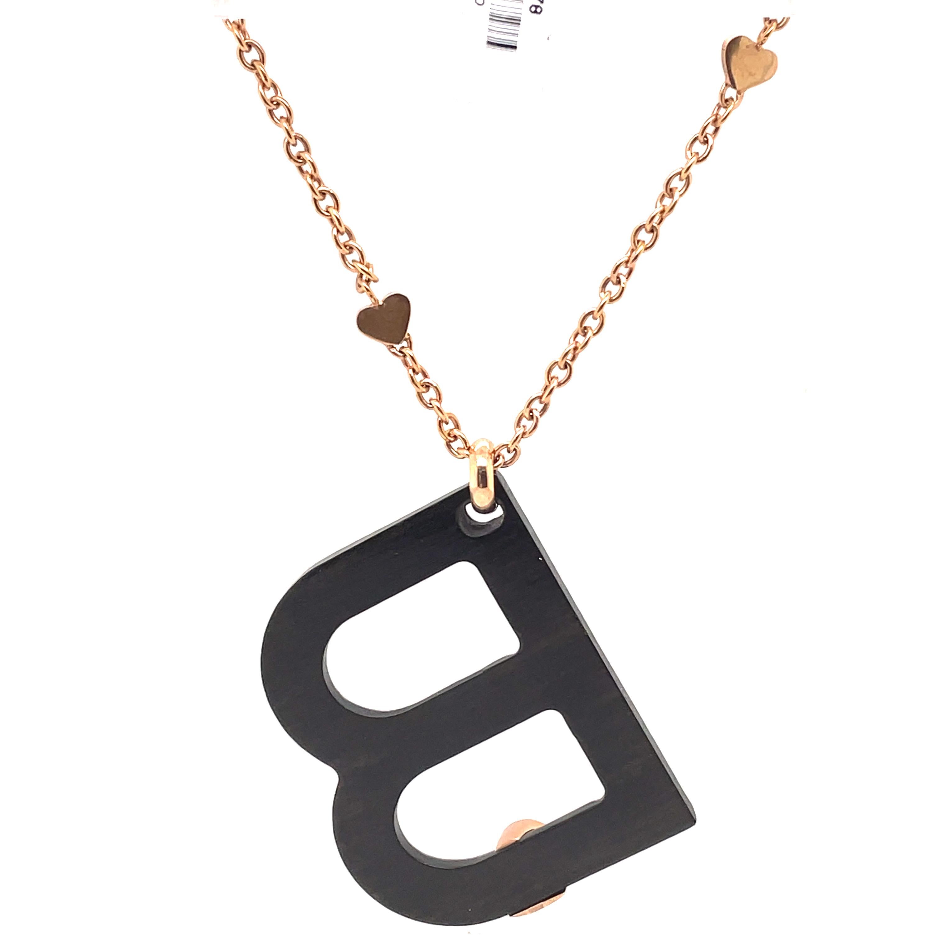 Contemporary Diamond & Mahogany B Pendant Necklace 18k Rose Gold For Sale