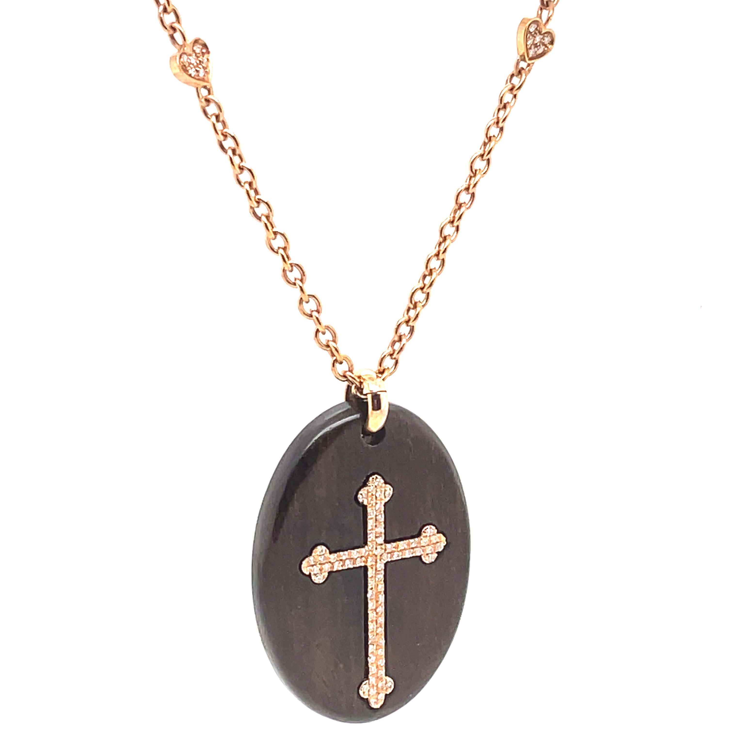 Contemporary Diamond & Mahogany Cross Pendant Necklace 18k Rose Gold For Sale